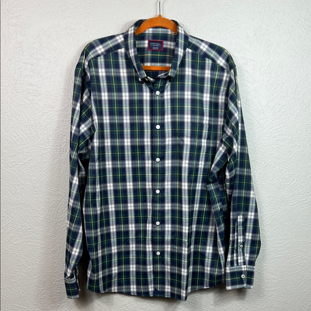 Untuckit Blue Green White Plaid Long Sleeve Button Front Shirt XXL
